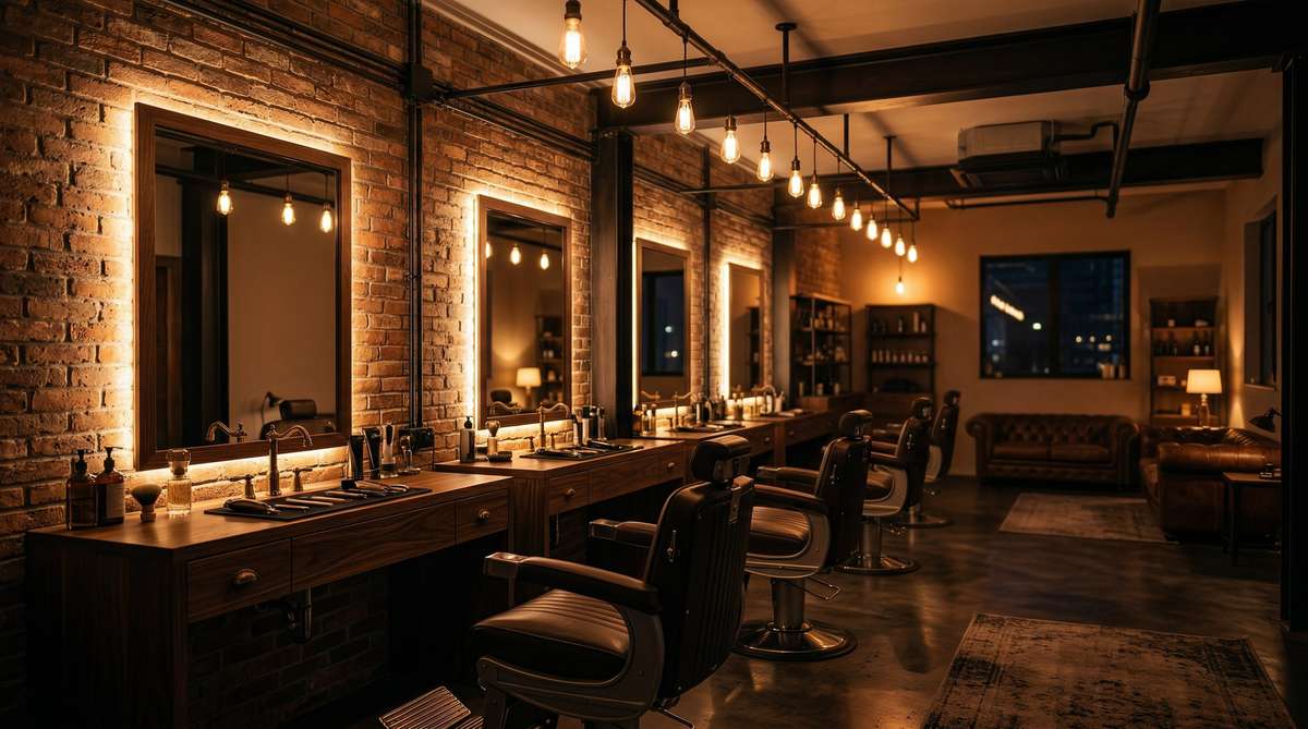 Our Family Barber — warm, inviting barbershop interior with ambient lighting